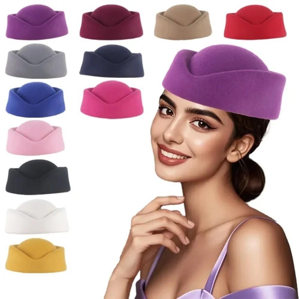 Formal Stewardess Hat Solid Felt Beret Fashion Flight Attendant Hat  Women Headwear