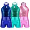 Meisjes Glanzende Pailletten Outfit Mouwloos Halternek Patchwork Ontwerp Leotard Metallic Hoge Taille Shorts Set