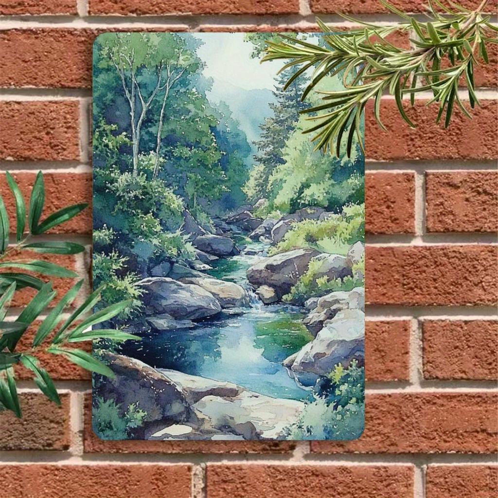 2D Flat, 1pc Rustic River Tin Painting - Waterproof & Rustproof Metal Wall Art - 8x12 Inch (20x30cm) Vintage Landscape Decor - I