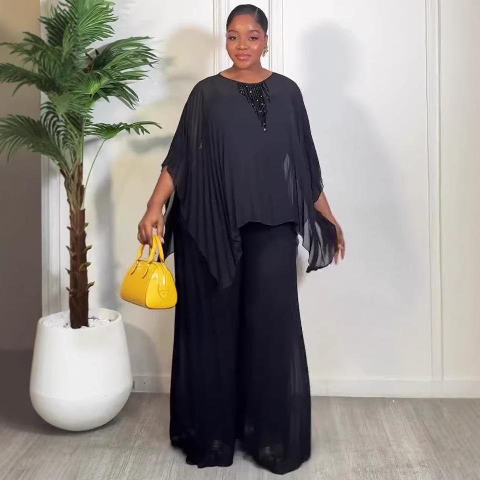 European and American temperament fashionable loose long-sleeved design irregular top wide-leg trousers African casual women's suit