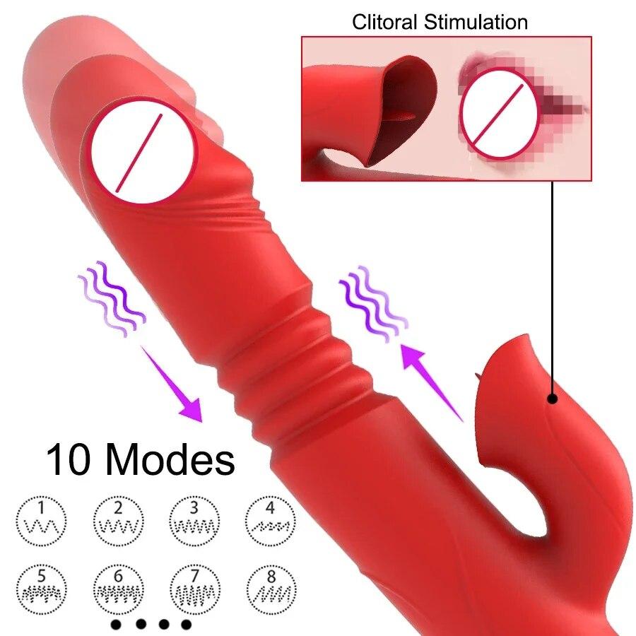 Double Tongue Vibrating Dildo with Warming Telescopic Rotating Vibrator for Woman Anal Vaginal Clitoris Stimulator Sex Toys