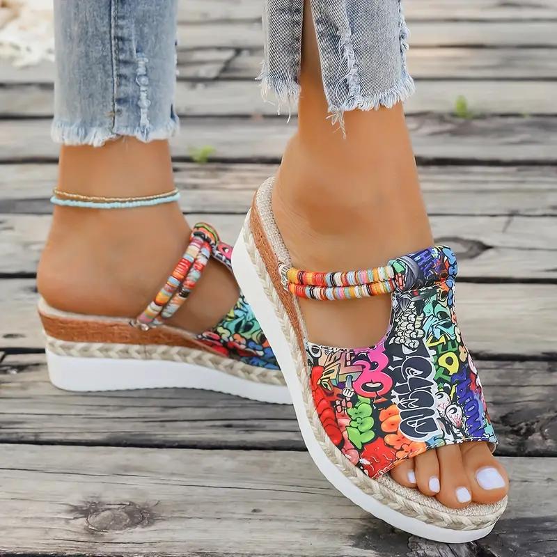 Women's Skull Printed Sandals, Colorful Woven Seaside Slide Platform Shoes, Halloween Comfort Wedge Beach Slide