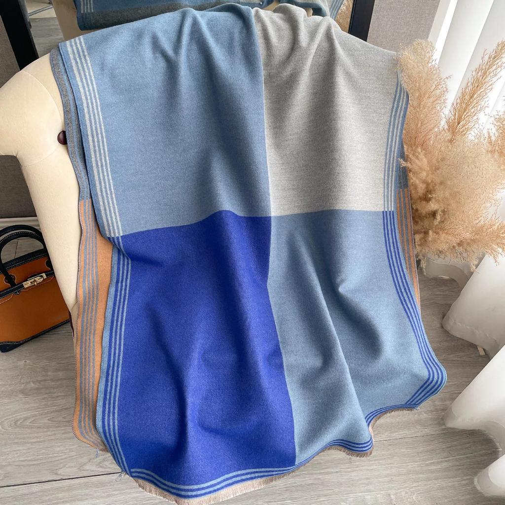 Fashion Korean-Style Colorblocked Faux Cashmere Scarf For Women Air Conditioner Shawl Elegant Thickened Cold-Proof Wrap For Autu