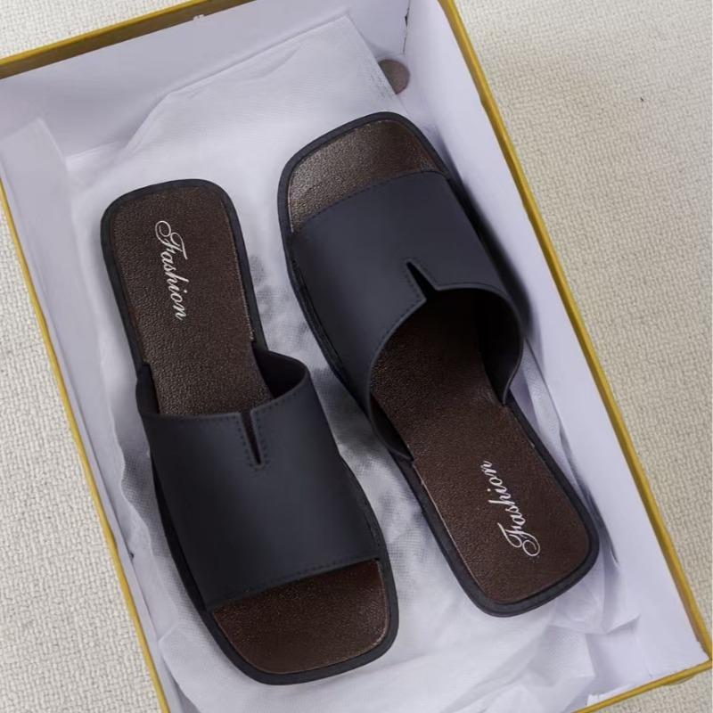 Summer temperament cool slippers women's new square-headed open-toed simple flat-bottomed casual one-word slippers