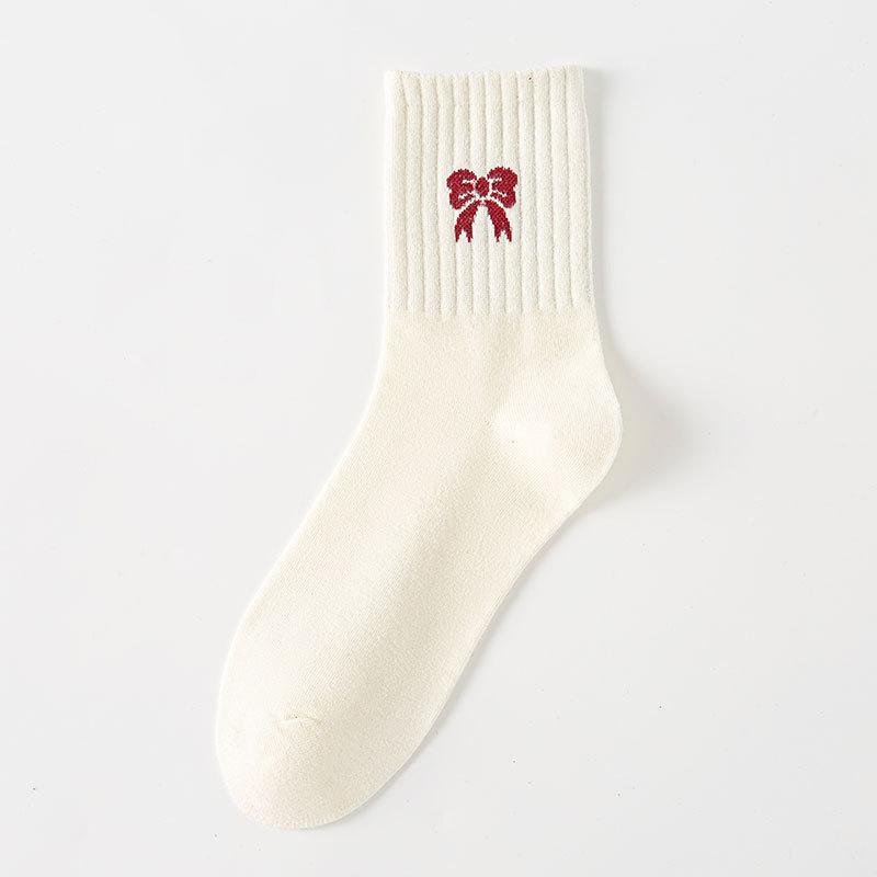 

Ladies Spring and Autumn Striped Festive New Year Bow Big Red Medium Tube Pile Pile Cotton Socks 1 pair білий