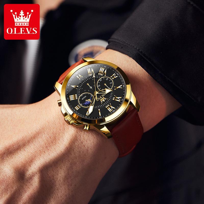 Men's Sports Timing Waterproof Luminous Moon Phase Quartz Watch Three Eye Dial Holiday Gift Business Watch