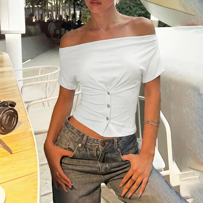 Women Summer Cowl Neck Short Sleeve Button Detail Slim Fit Solid Color Casual Blouse