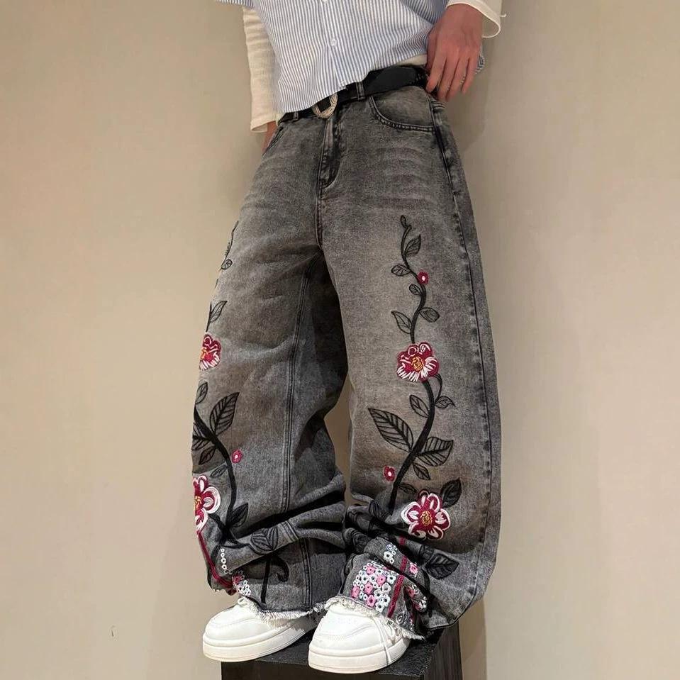 European and American Street Goth Style Cherry Blossom Embroidered Jeans K Men's and Women's Fashion Straight Trousers