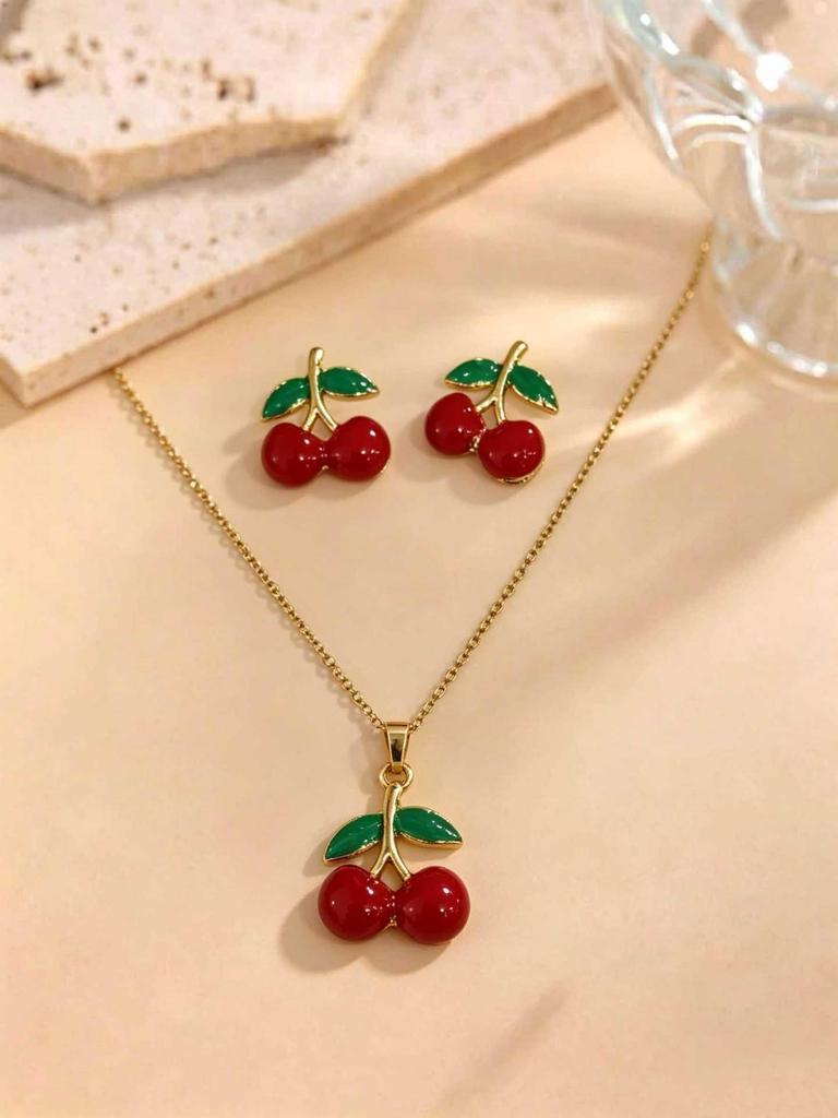 Versatile Cherry O-Shaped Chain Pendant & Earring Set - Niche Design Stainless Steel Clavicle Jewelry