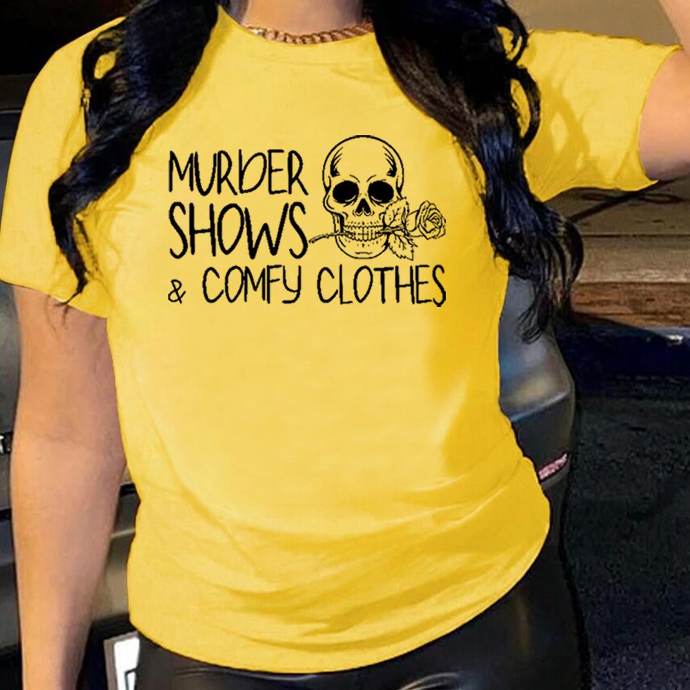 Skull Rose Alphabet Cotton T-Shirt Short Sleeve Round Neck Women 2d Print Tops