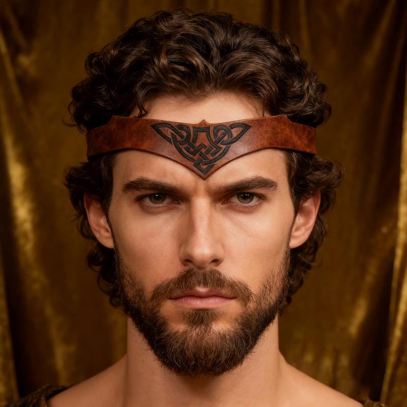 Diadema Vikinga Ajustable con Diseño de Nudo Celta y Runa Nórdica - Accesorio Estilo Vikingo de Cuero Sintético para LARP, Cosplay