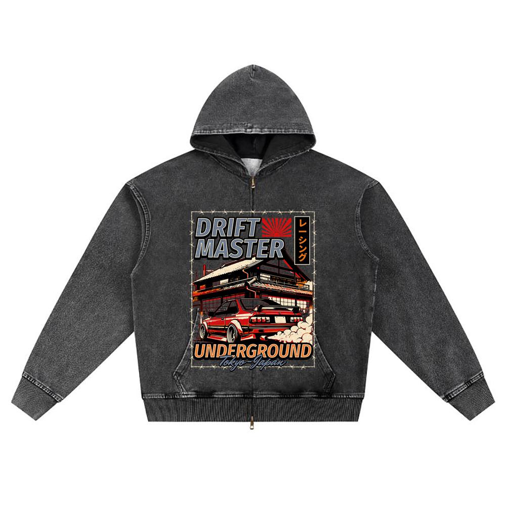 DTG Print Knitted Denim Zip-Up Hoodie Drift Master Brother Print Zipper Hoodies  