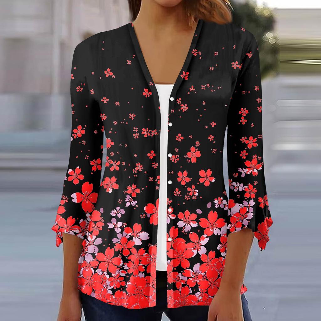 Women's Fashion Loose Casual Printed Seven-Part Sleeve Button Down Blouse Cardigan Top