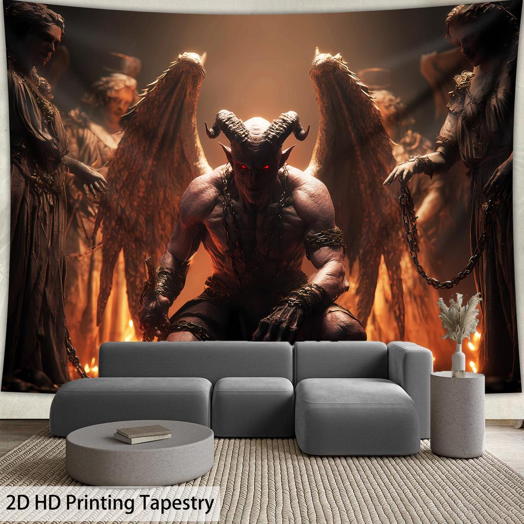 Dark Devil Satan Tapestry Gothic Wall Carpet Horn Devil and Angel Statues Art Hanging Cloth Room Decoration in Flame