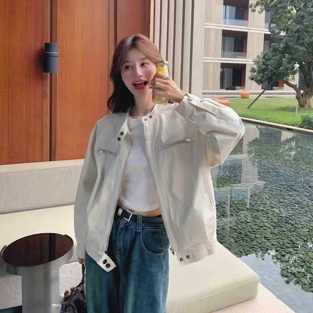 Double-Layer Lined Retro Stand Collar Women's Autumn Workwear Jacket – Loose Fit, Versatile, Short, Casual