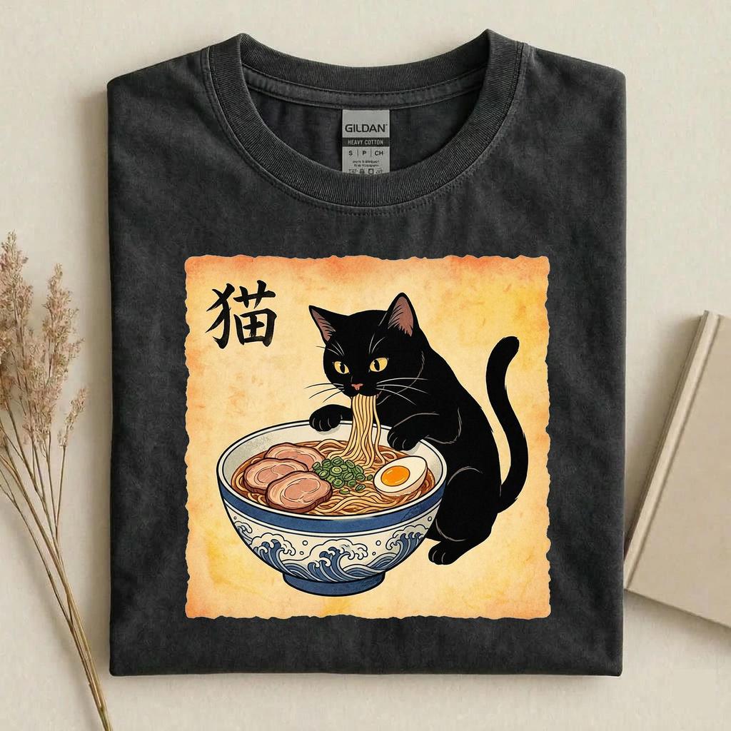 Retro Black Cat Ramen Shirt, Japanese Cat Eating Ramen Tee, Cute Anime Cat Noodle T-Shirt, Kawaii Cat Graphic Tee, Funny Cat Lover Gift