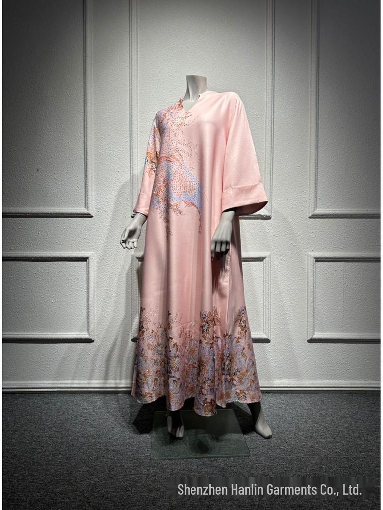 SM003 Muslimisches Jalabiya-Print-Langarmkleid mit Heißbohren - Damenbekleidung im Dubai-Stil