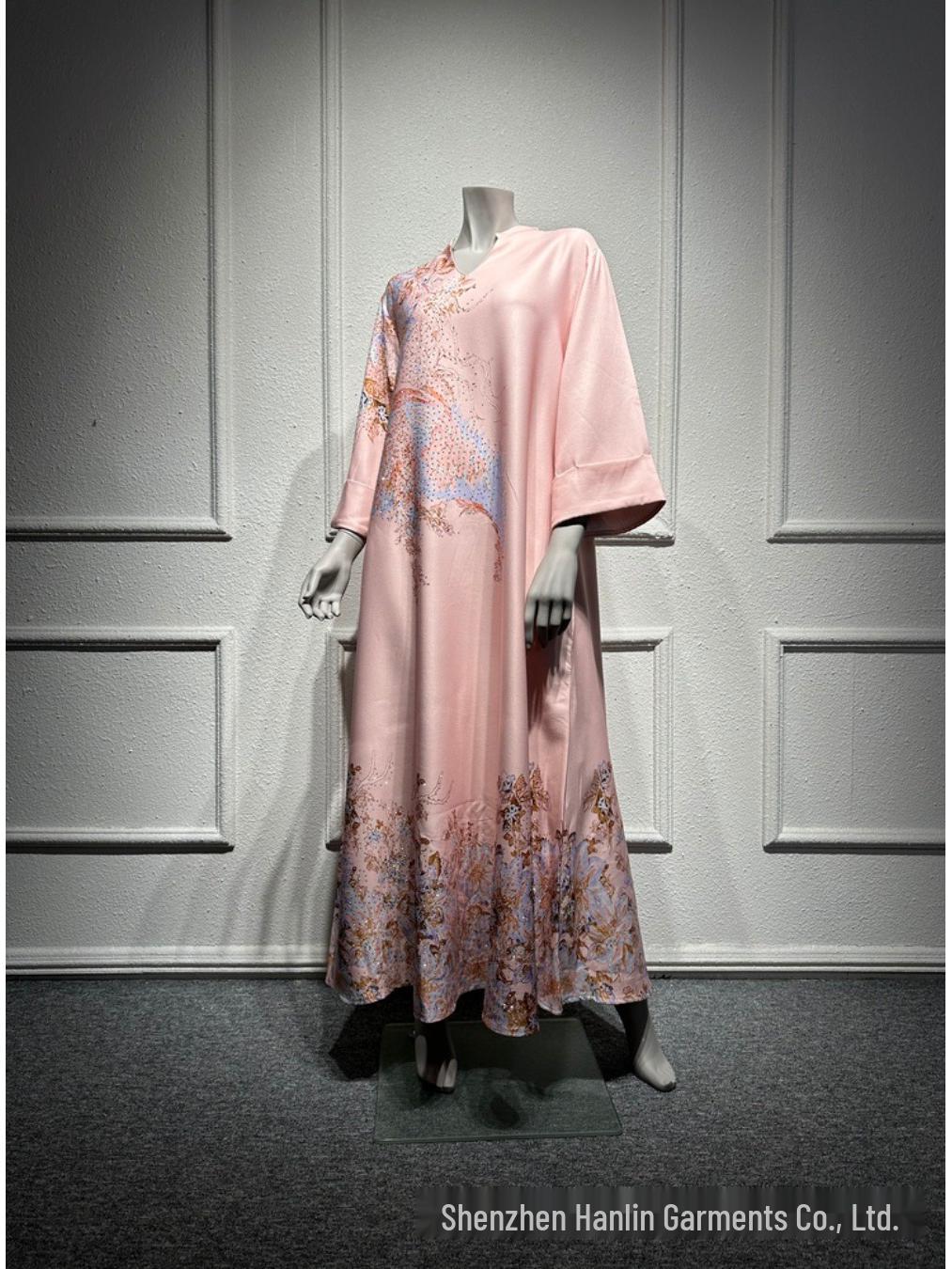 

SM003 Muslim Jalabiya Print Long Dress with Hot Drilling - Dubai Style Women s Clothing Medium рожевий