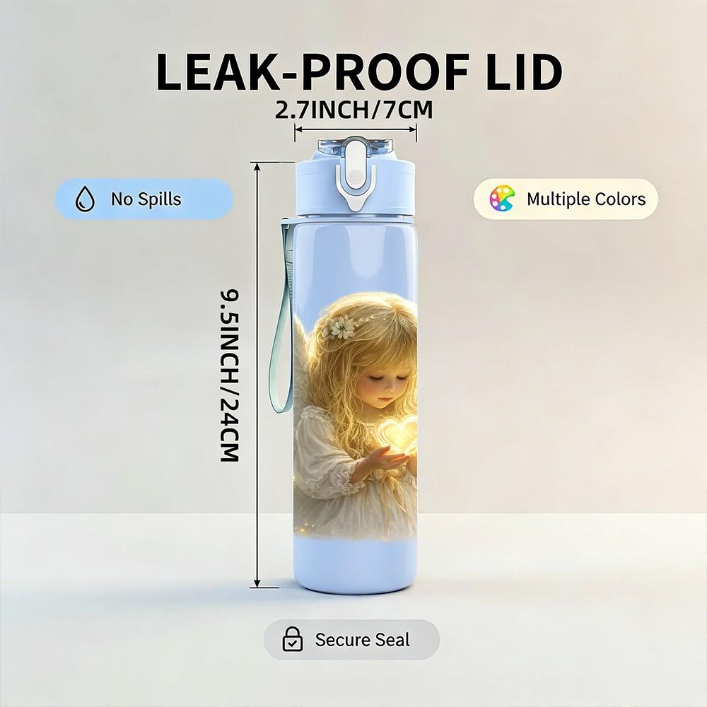 1PC Little Angel White Wing Art Print 750ml Color Plastic Sports Water Bottle Leakproof Flip Straw Lid Suitable for Sports Office Home Use