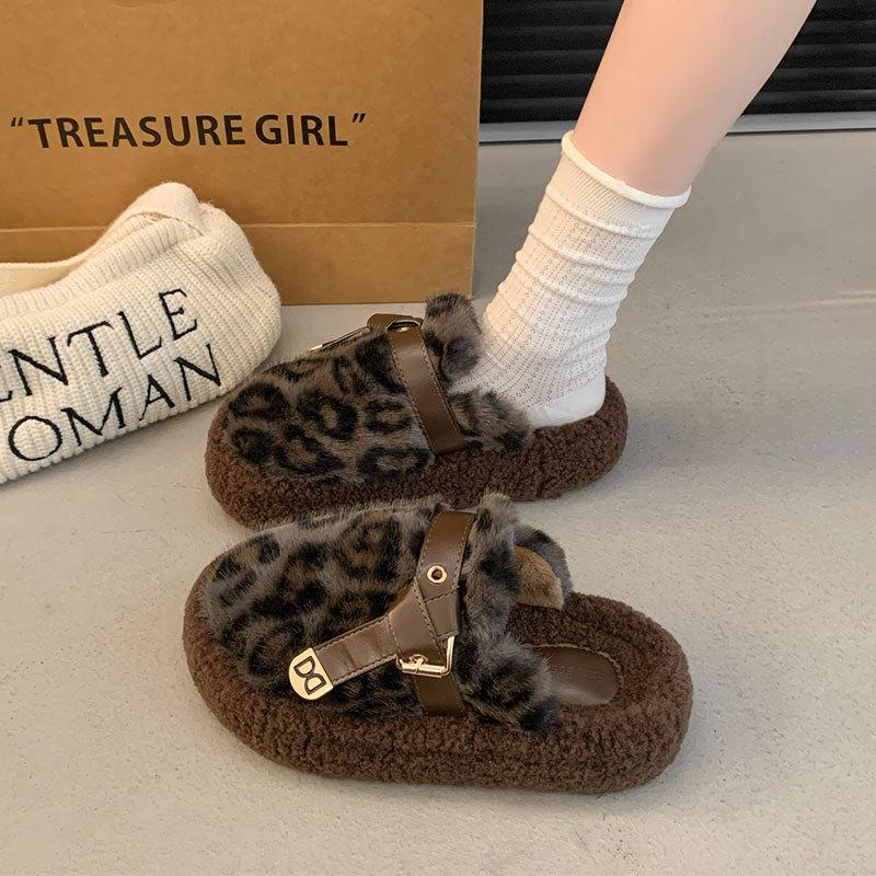 Mao Mao shoes women's winter velvet outer wear lazy one-pedal women's shoes 2025 new thick-soled leopard print bag head half slippers