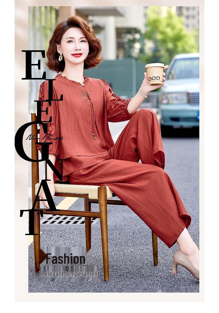 Elegante Set Estivo 2026 in Due Pezzi: Pantaloni larghi alla moda che contrastano l'età per donne di mezza età ed anziane