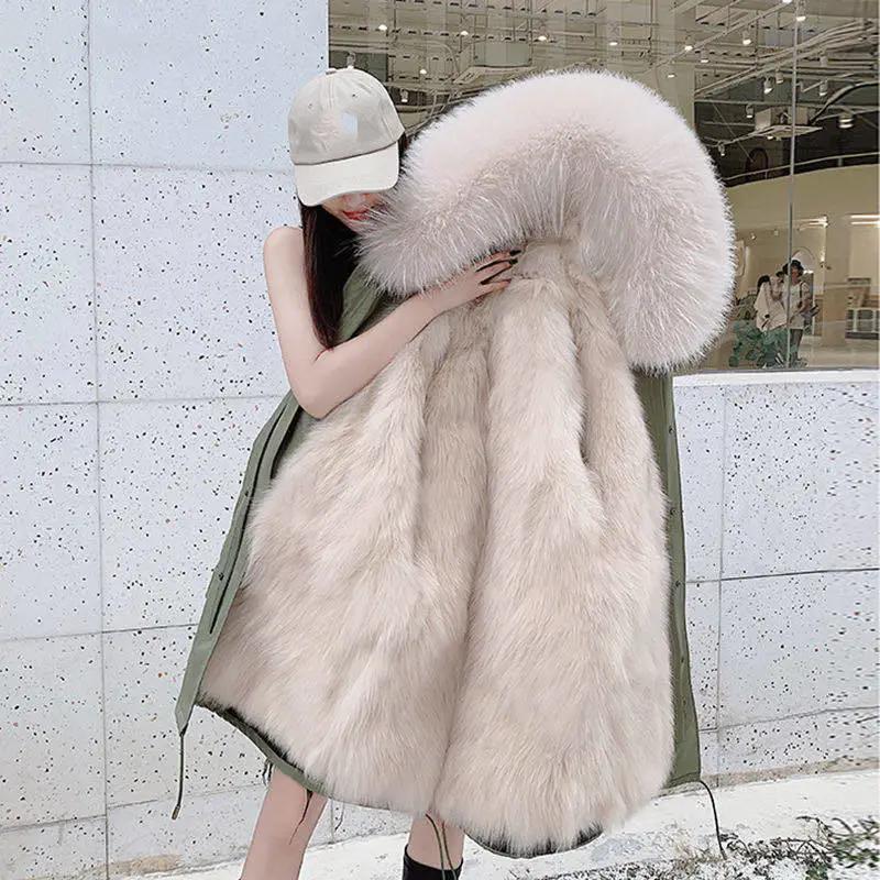 

WTEMPO Осень-зима Женские свободные съемные пальто с подкладкой из искусственного меха, большие размеры, однотонные повседневные куртки с капюшоном, женские теплые длинные парки 3XL зелёный