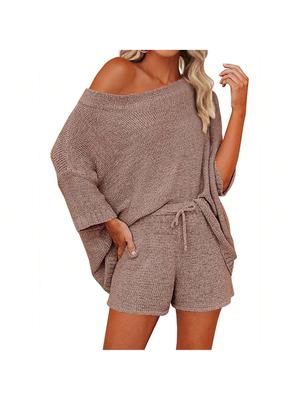 Women's Two Piece Knit Lounge Set Off Shoulder Top and Shorts Matching Cute Pajama Outfit