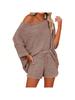 Women's Two Piece Knit Lounge Set Off Shoulder Top and Shorts Matching Cute Pajama Outfit