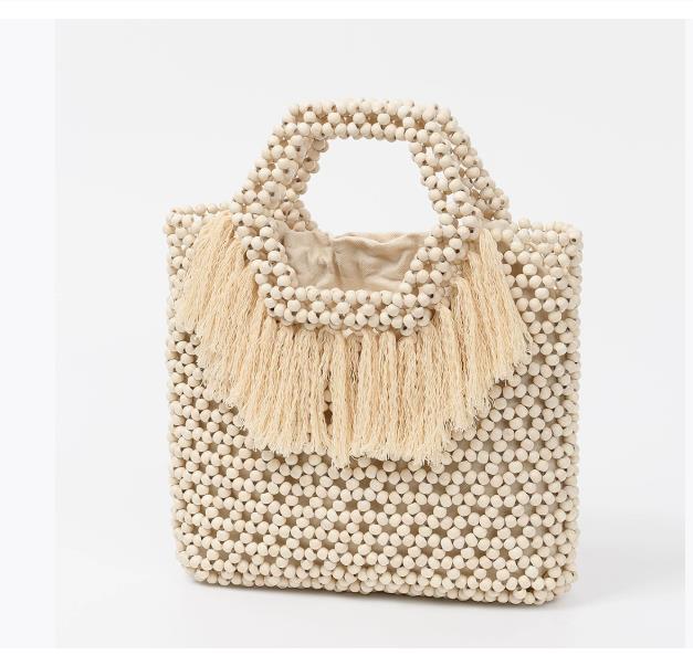 NEU Damen Gewebt Quasten Design Ausgeschnitten Holzperlen Tragetasche Eimer Schultertasche Damen Netzartiges Netzgewebe Strand Handtasche