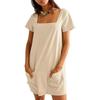 European and American Fashion: Women's Square Neck Short Sleeve Pocket Dress