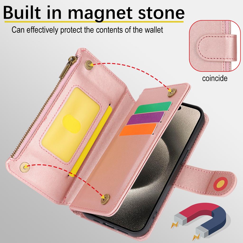 Applicable To iPhone16 Leather Case Samsung S25 Solid Color Multi-card Zipper Wallet Protective Case 15Pro Multi-function Oblique Span