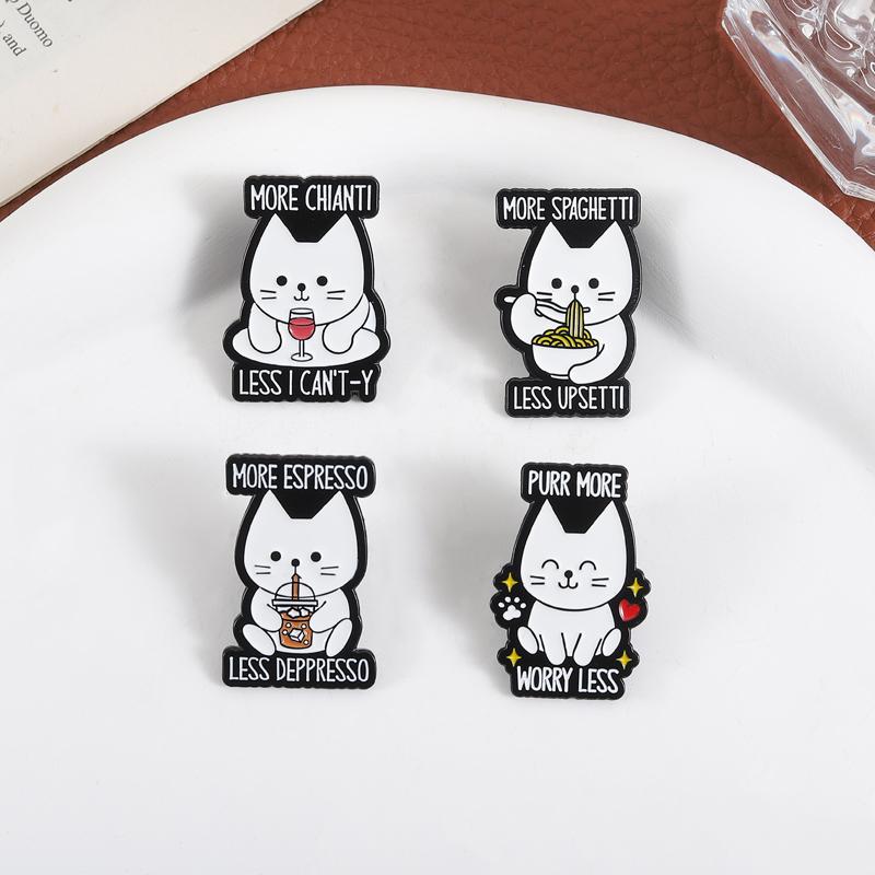 More Chianti Less I Can't-y Enamel Pins More Espresso Less Desperado Cute White Cat Animal Brooches Lapel Badge Jewelry Gifts