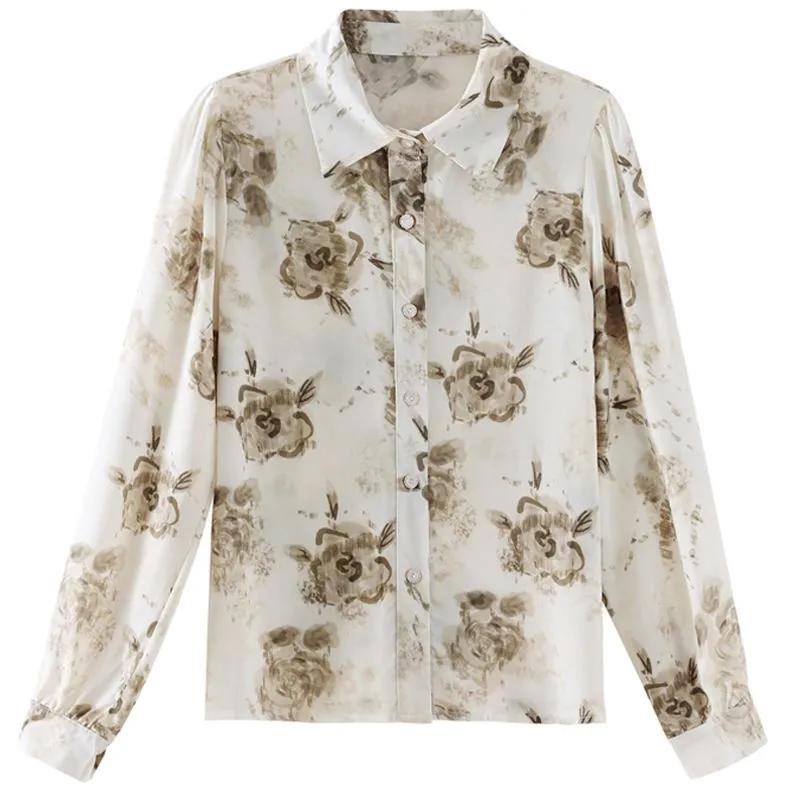 Womens Floral Print Long Sleeve Chiffon Button Down Shirt