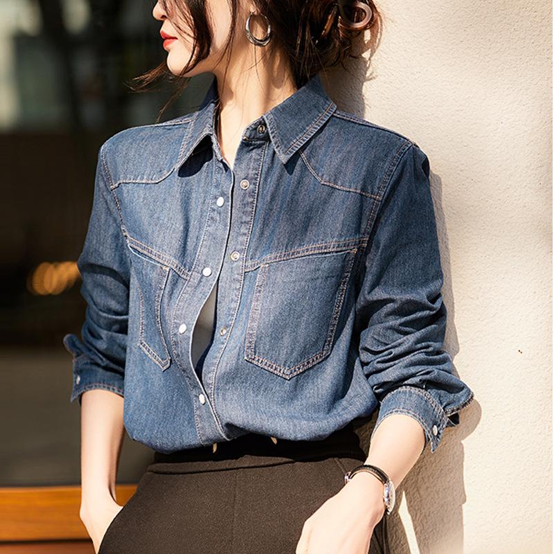 Vintage Hong Kong Style Blue Denim Shirt Women's Spring and Autumn Layering French Top