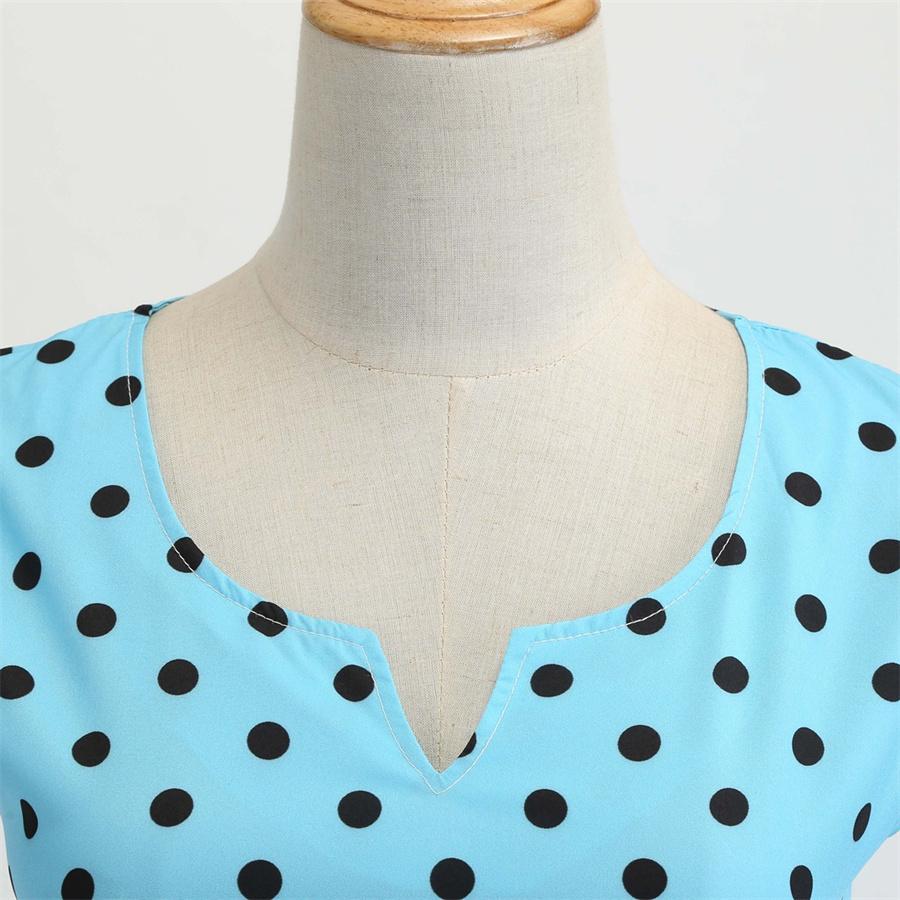 Retro Women's V Neck Short Sleeve Polka Dot Print Lace Up Waist Dress