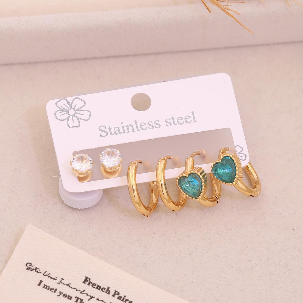3 Pairs Set Rhinestone Heart Hoop Earrings Fashion Stainless Steel Ear Jewelry Niche Elegant Ear Studs