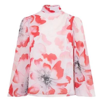 Womens/Ladies Floral High-Neck Relaxed Fit Balloon Sleeve Blouse