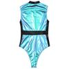 Modischer Farbblock-Body für Damen mit Reißverschluss, Stehkragen, metallisch glänzender, ärmelloser Catsuit für Party, Club, Musikfestival