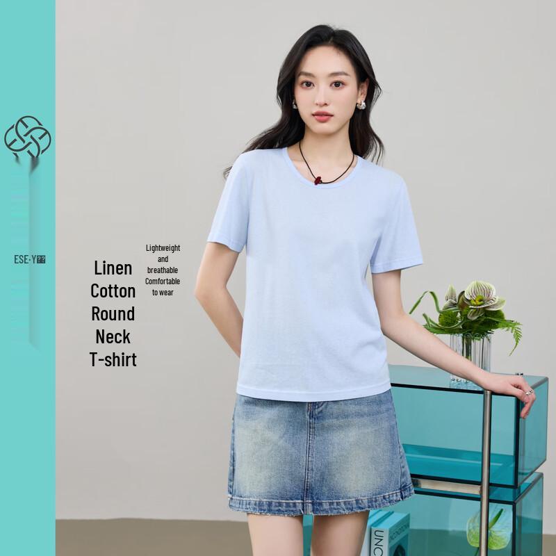 ESE-Y Women s Solid Color Linen Blend Crew Neck T-Shirt XL
