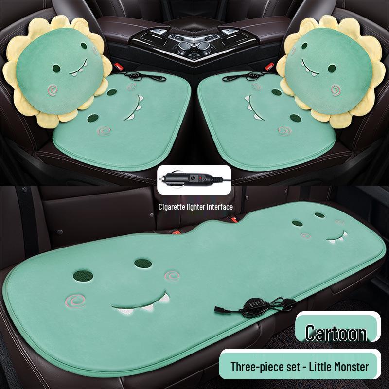 Cartoon Doll Style Heated Car Seat Cushion Set - Three Pieces for Winter Comfort