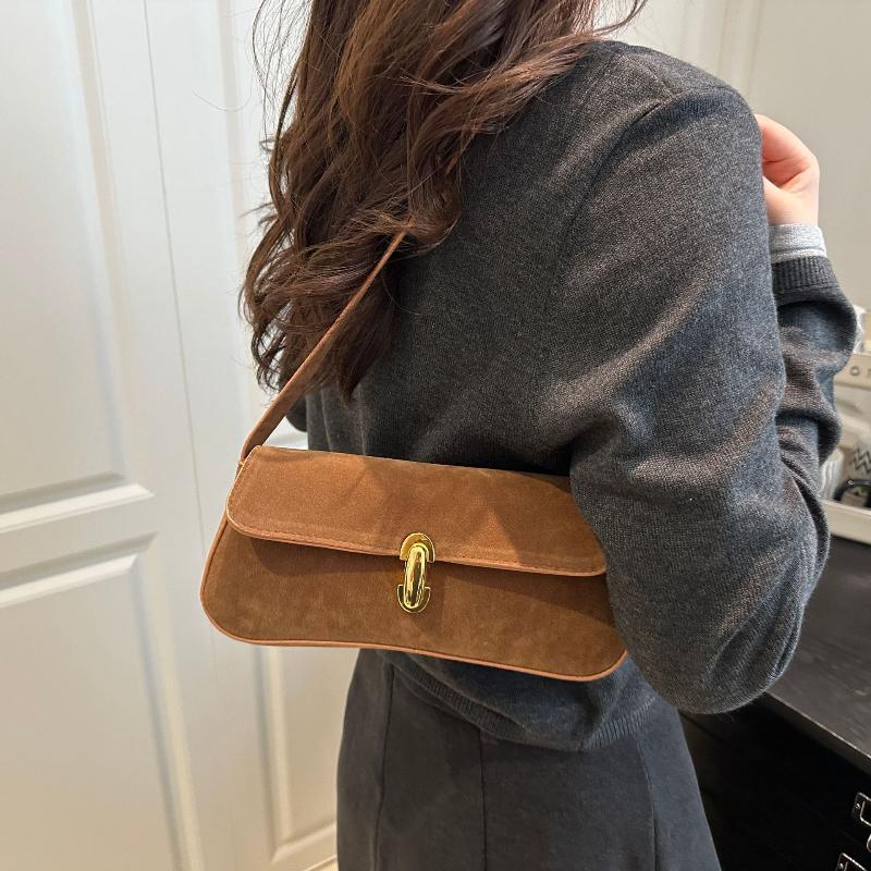 Vintage Faux Suede Shoulder Bags For Women Lock Decoration Small Underarm Bag Versatile Trendy Pillow Bags