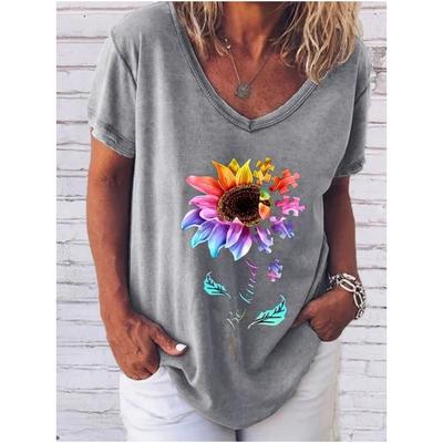 Sunflower Floral Print Ladies T-shirt Retro Y2k Blouse Street Wear Elegant V-neck T-shirt Ladies Clothing