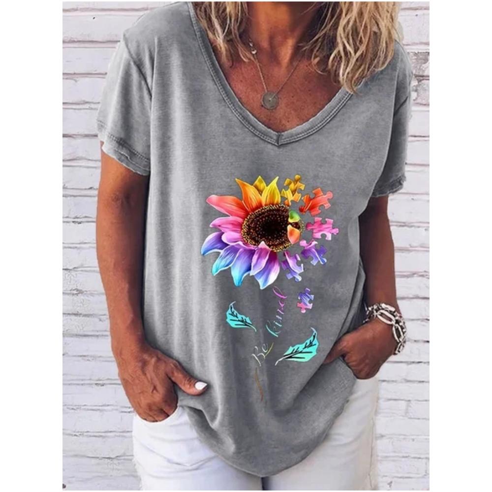 

Sunflower Floral Print Ladies T-shirt Retro Y2k Blouse Street Wear Elegant V-neck T-shirt Ladies Clothing S