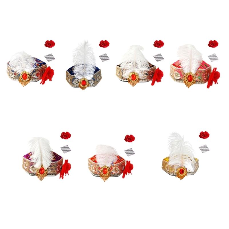 Elegant Ethnic Dance Event Hat With Feathered And Sequins For Women Stage Performances Folk Dance Costume Accessories