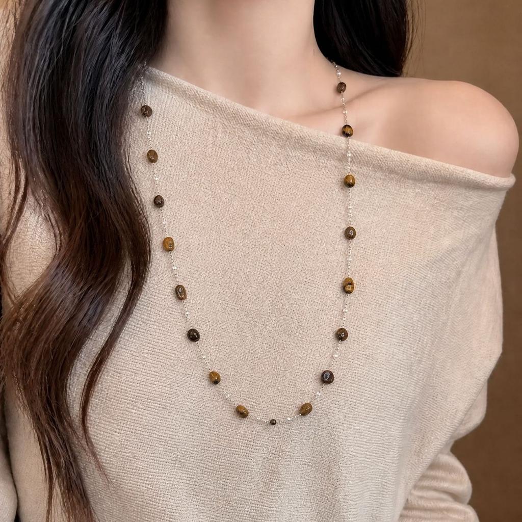 Melard Tiger Eye Stone Irregular Beaded Necklace Fashionable and Versatile Sweater Chain with Unique Design for Autumn and Winter Women's Jewelry