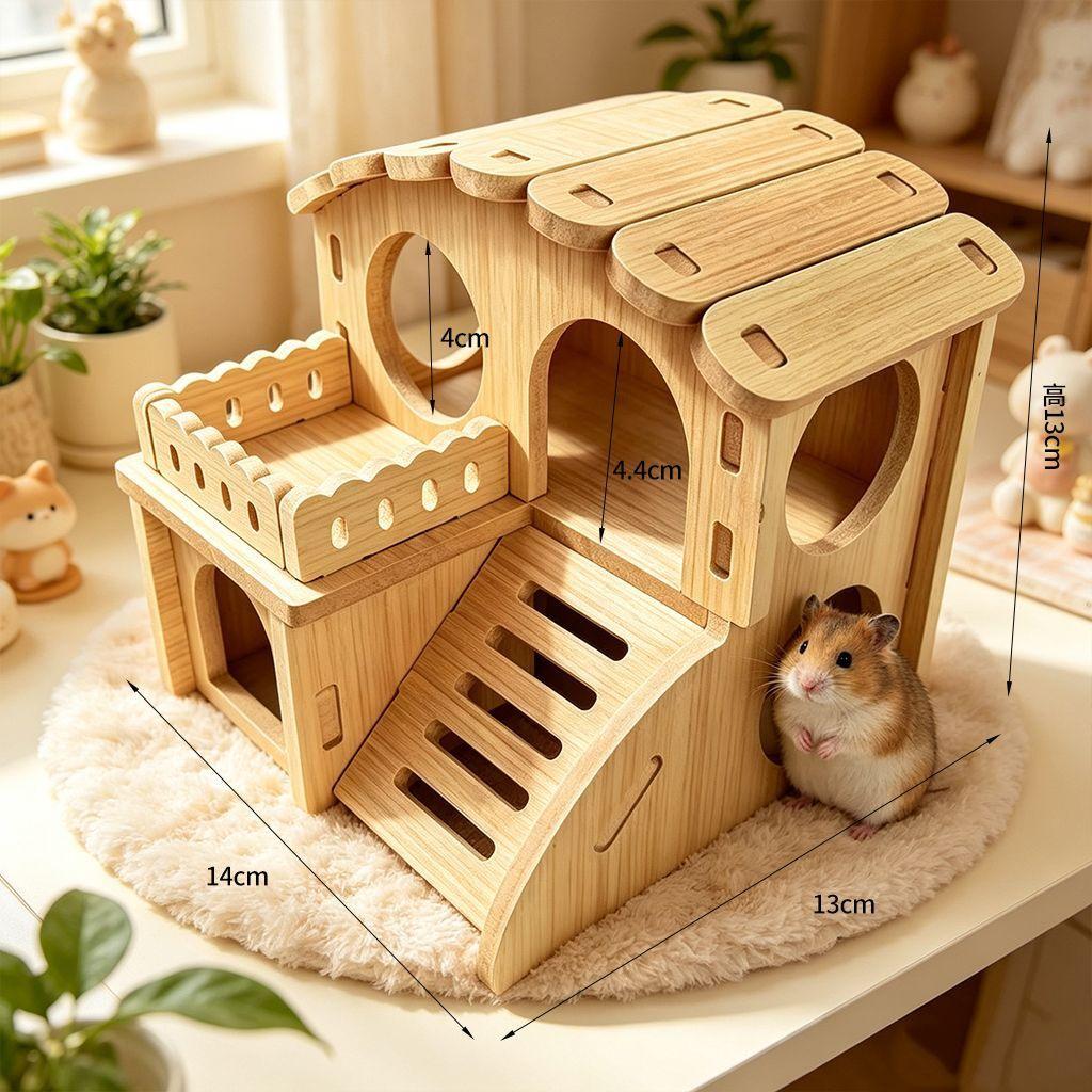 Golden Hamster Wooden House & Climbing Ladder Set - Interactive Hideout Toy