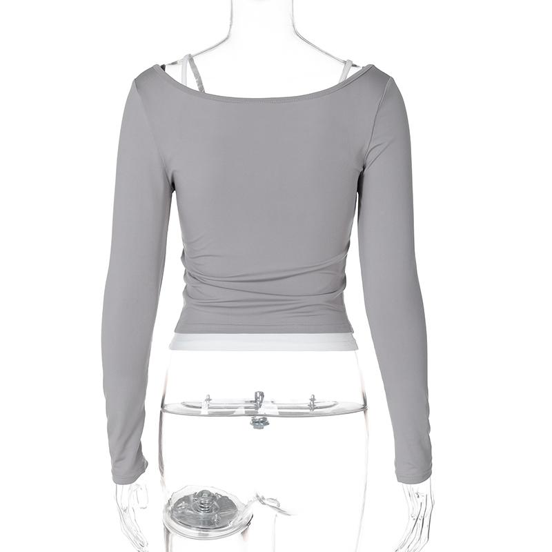 Summer Fashion Contrast T-shirt 2 Piece-Set Women's Off-Shoulder Long Sleeve Patchwork Cropped Top Female Commute Tee Top