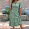 Women's Button Down Ruched Long Dress Casual Short Sleeve V-Neck Maxi Dress Summer Beach A-Line Swing Sundress