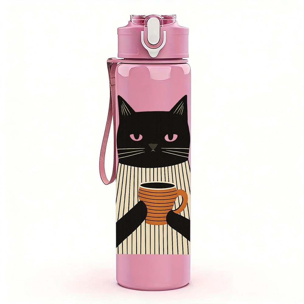 1PC Black Cat Coffee Cup 750ml Color Plastic Sports Water Bottle Leakproof Flip Straw Lid Suitable for Sports Office Home Use