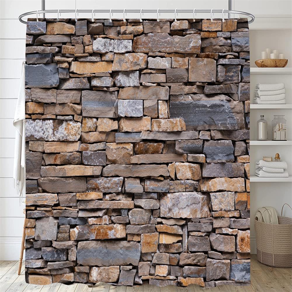 Rural Brick Wall Printed Shower Curtain Mildew Washable Curtain with Hooks Bathroom Decorative Curtain Rocks 3D Shower Curtains